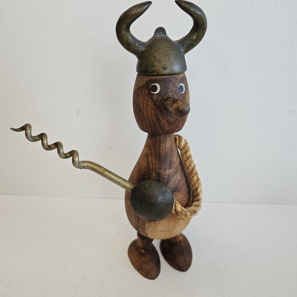 Danish Teak Wood & Brass Viking Bottle Opener Carl Bent Scandinavian Decor
